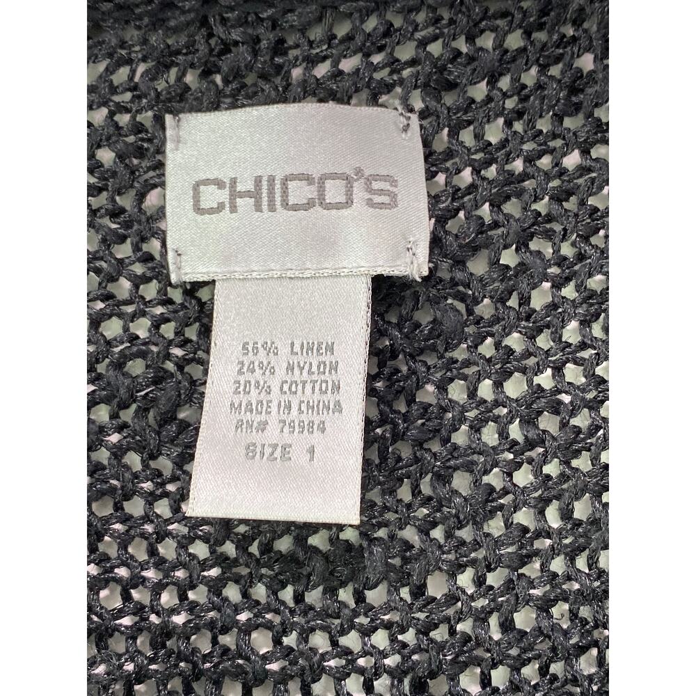 Chicos Open Knit Black Linen Cardigan Sweater Sz M 1 Boho Folk Flirty Cozy Chic - Picture 4 of 8